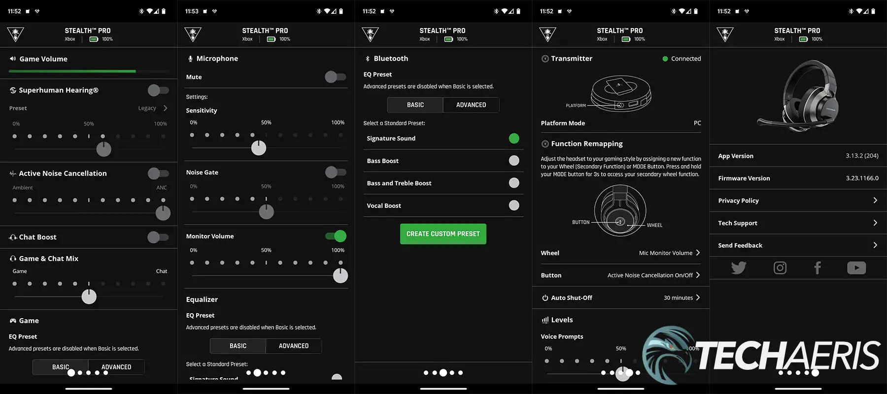 Screenshots from the Turtle Beach Audio Hub Android app